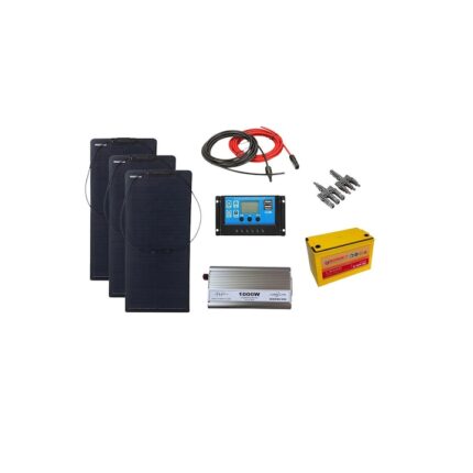 Kit solar fotovoltaic off grid 480W, Solid Volt, invertor 1000W 12V, 3 panouri solare semiflexibile 160W, regulator/ controller 60A, baterie solara 105Ah AGM si 20 m cablu solar cabana, rulota, casa, autorulota, container, iluminat