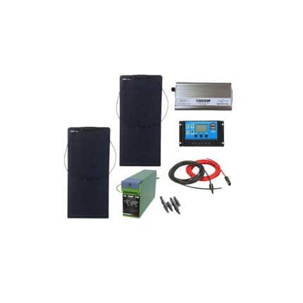 Kit solar fotovoltaic off grid 320W, Solid Volt, invertor 1000W 12V, 2 panouri solare semiflexibile 160W, regulator/ controller 30A, baterie solara 70Ah AGM si 20 m cablu solar cabana, rulota, casa, autorulota, container, iluminat