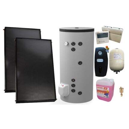 Set sistem solar presurizat, 2 x Panou solar plan Fornello 2.0 m² SPFP, Boiler cu 2 serpentine si rezistenta electrica Eldom FV20060S21 de 200 l, grup pompare, controller, vas expansiune, antigel, aerisitor