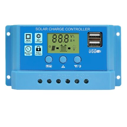 Controler de incarcare solar 30A 3in1, pentru baterie plumb-acid, baterie cu litiu, baterie cu panou solar, Regulator inteligent cu port USB dublu, 12V/24V, Parametrul automat PWM, Ecran LCD reglabil