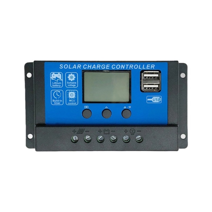 Regulator de incarcare solar Rqiurpn, 30A, afisaj LCD, dual USB, 12V/24V, 2 Porturi USB, Albastru