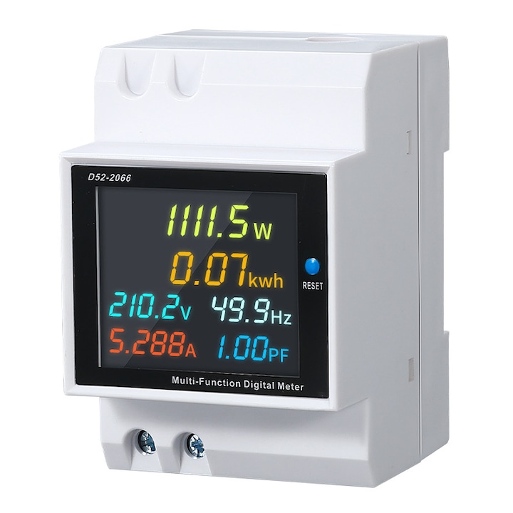 Contor monofazat de energie electrica, Multimeteru, 6 in 1, LCD HD display, Functie resetare, 40-300V, 100A, Masurare si Control, Tensiune, Intensitate curent electric, Consumul de energie, Frecventa, Puterea, Alb