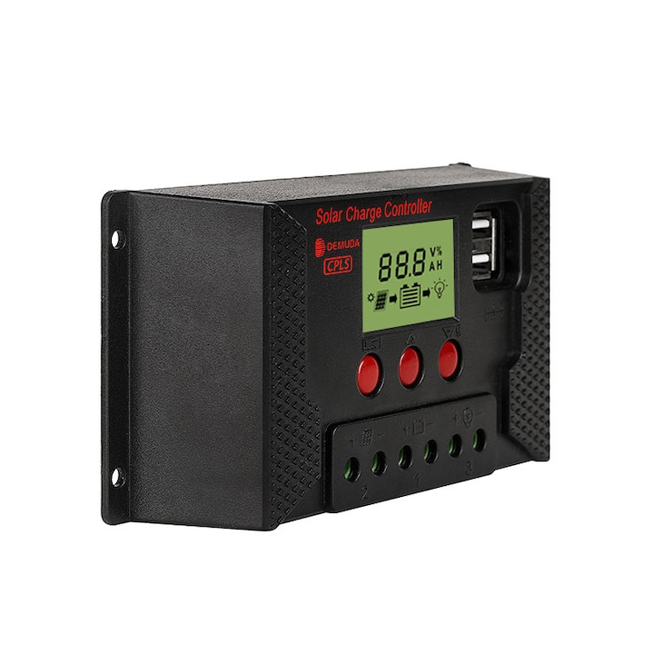 Controler solar LCD multifunctional, JENUOS®, 12V/24V, Iesire USB dubla, Baterie litiu plumb-acid universal, 60A, Negru