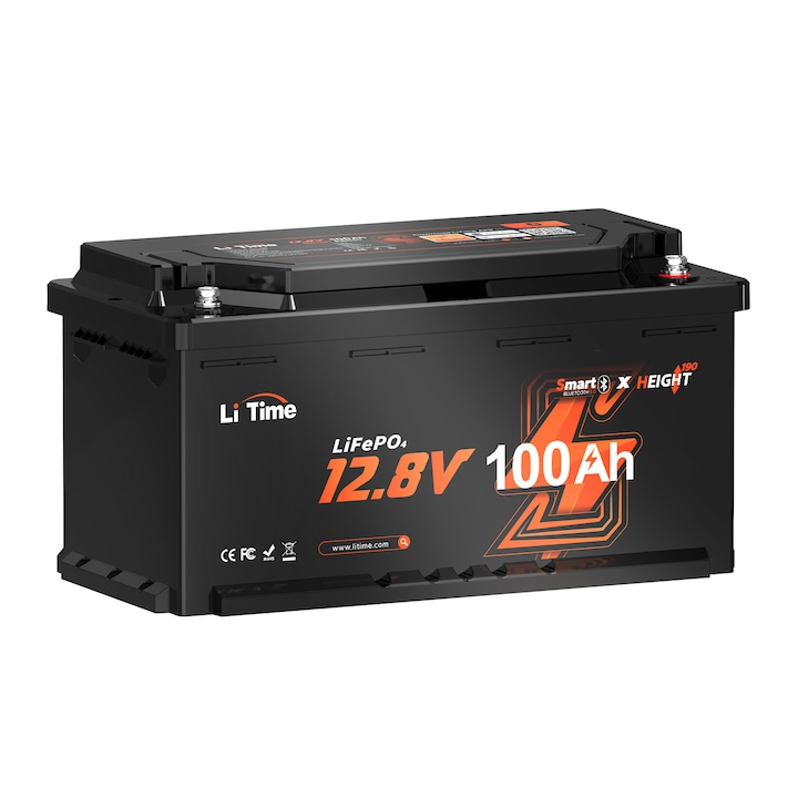 Acumulator solar, LiTime, 12.8V 100Ah H188mm Bluetooth, 1280W, Negru