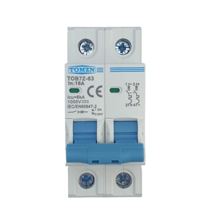 Siguranta automata de curent continuu 2P, 16A DC, 1000VDC, Intrerupator automat pentru panouri fotovoltaice, baterie sisteme fotovoltaice, instalare pe sina DIN, 2M