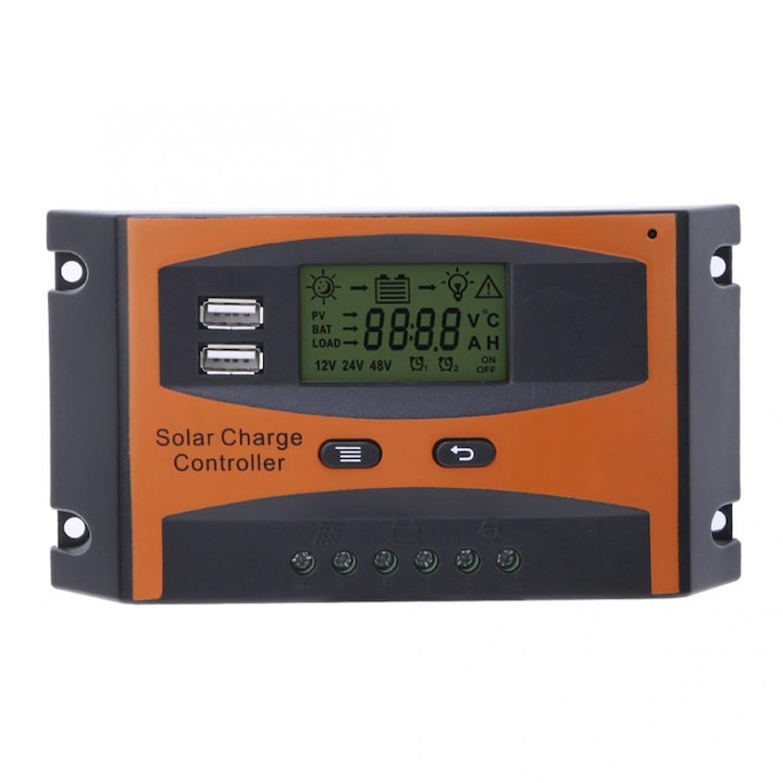 Controler solar PWM de 30A Phuture, 12V/24V, Regulator solar alimentare acumulatori, avand 2 USB si ecran LCD