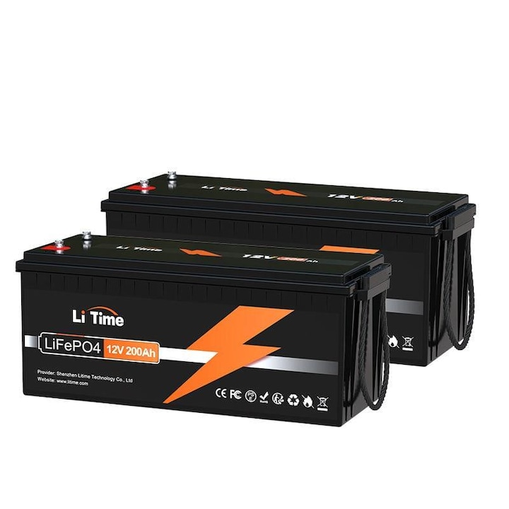 Set 2 Baterie cu litiu LiFePO4, LiTime, Multifunctionala, 12V, 200Ah, Negru