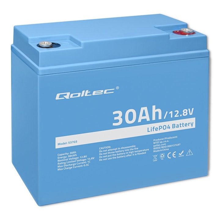 Baterie Qoltec LiFePO4 Litiu-Fosfat de Fier, 12.8V, 30Ah, 384Wh, BMS