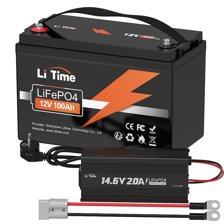 Baterie litiu LiTime 12V 100Ah LiFePO4 si Incarcator de baterii cu litiu 12V 20A