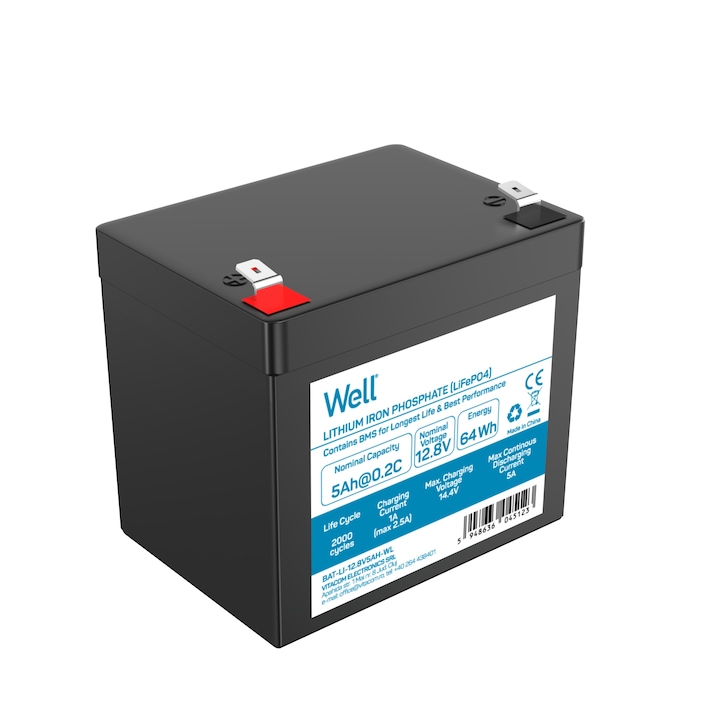 Acumulator litiu LiFePO4 Well 12.8V 5Ah, terminal F2, 90x70x101 mm