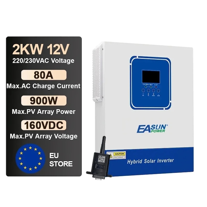 Invertor solar hibrid, Unda sinusoidala pura, 2KW, Compatibil baterii litiu, Monitorizare WiFi, 438x295x105mm, Multicolor