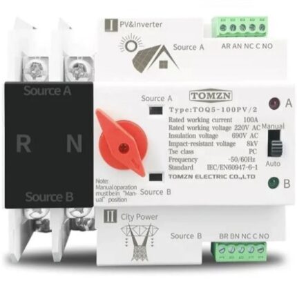 Comutator automat de transfer TOMZN, 100A, 2P, invertor panouri fotovoltaice-retea, ATS, neintreruptibil