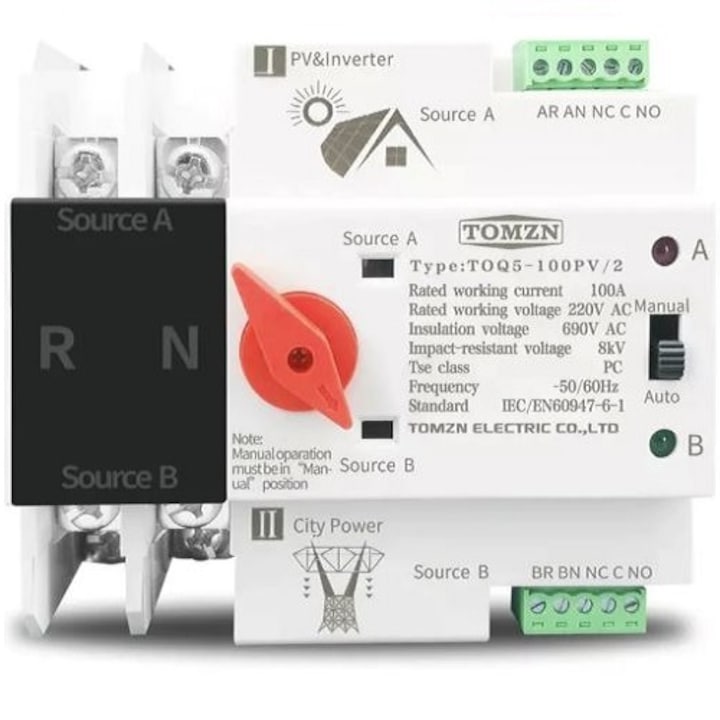 Comutator automat de transfer TOMZN, 100A, 2P, invertor panouri fotovoltaice-retea, ATS, neintreruptibil