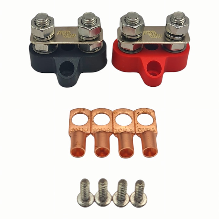 Set bara de conexiune Busbar, Bloc terminal 200A, 2P M8 + 4 papuci inelari cupru