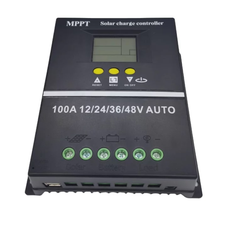 Controler solar LCD multifunctional, functie MPPT,12V/24V/36V/48V, 100A, 7 moduri de functionare, negru
