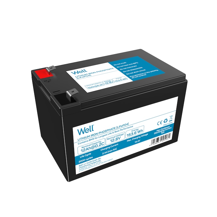 Acumulator litiu LiFePO4 Well 12.8V 12Ah, terminal F2, 151x98x95 mm