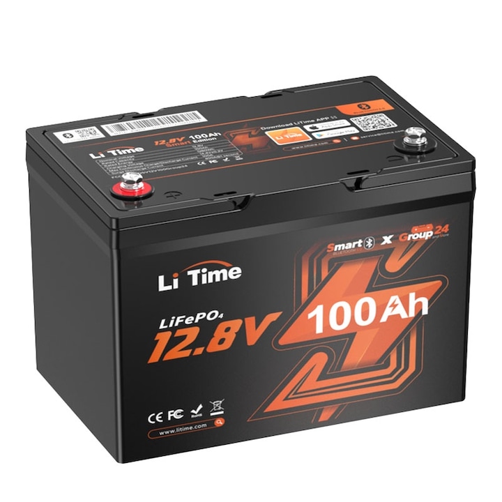 Acumulator solar LiTime 12V 100Ah Bluetooth, LiFePO4, negru, Group24 260x168x211mm