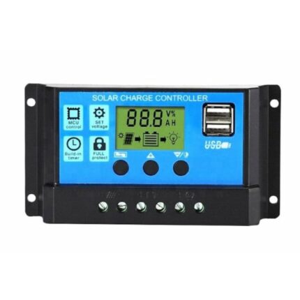 Regulator de incarcare pentru panourile solare, Alimentare la retea 12/24 V, Prevazut cu display LCD iluminat, Curent receptor 10A, Mod de lucru PWM, Cronometru lumina de noapte, 2 x Port USB A, Dimensiuni 13, 35 x 7, 00 x 3, 50 cm, Negru/Albastru