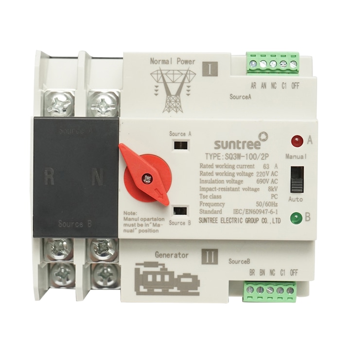 Comutator, separator automat de la panouri fotovoltaice la retea 220V ATS-2P-63A Suntree
