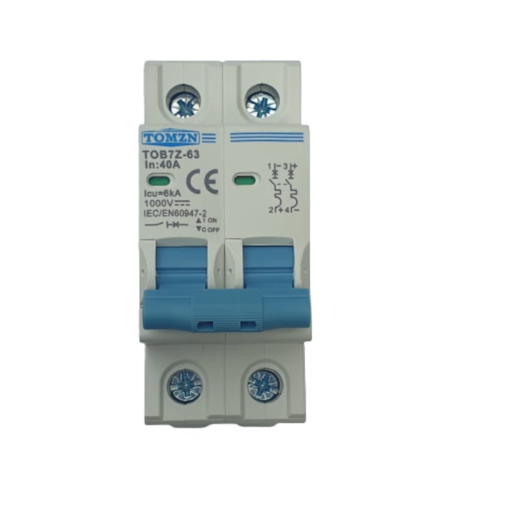 Siguranta automata de curent continuu 2P, 40A DC, 1000VDC, Intrerupator automat pentru panouri fotovoltaice, baterie sisteme fotovoltaice, instalare pe sina DIN, 2M