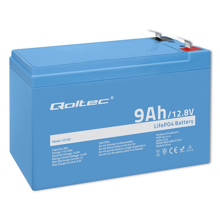 Baterie Qoltec LiFePO4 Litiu-Fosfat de Fier, 12.8V, 9Ah, 115.2Wh, BMS'