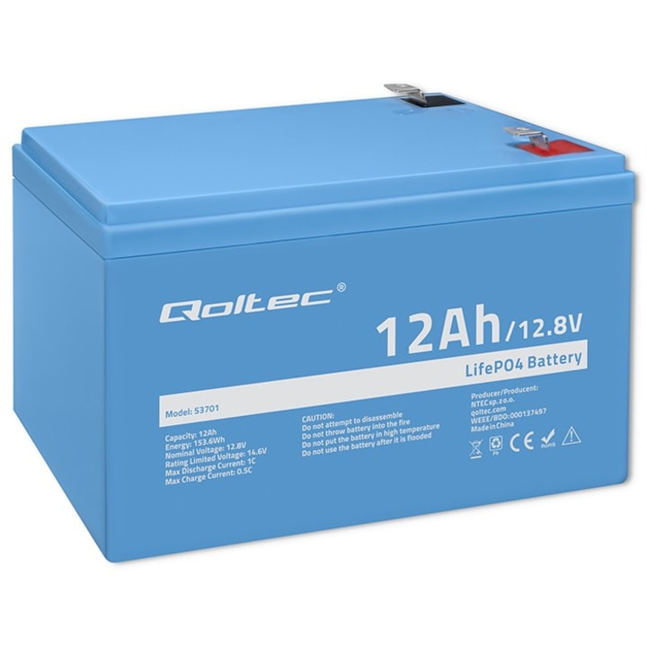 Baterie Qoltec LiFePO4 Litiu-Fosfat de Fier, 12.8V, 12Ah, 153.6Wh, BMS