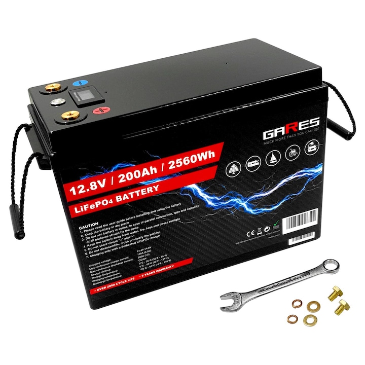 Baterie LiFePO4 cu Bluetooth Gares, 12V 12.8V 200Ah, Multifunctionala pentru rulota barca ponton banca de energie fotovoltaice, Negru
