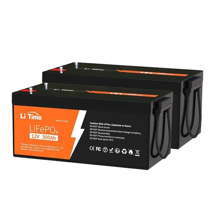 Set 2 baterii LiFePO4, LiTime, 12V 300Ah, Negru