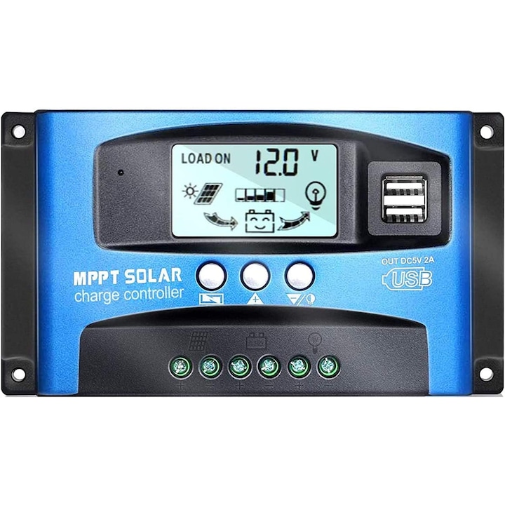 Controler de incarcare panou solar, 480 W, Monitorizare, Port USB, Albastru