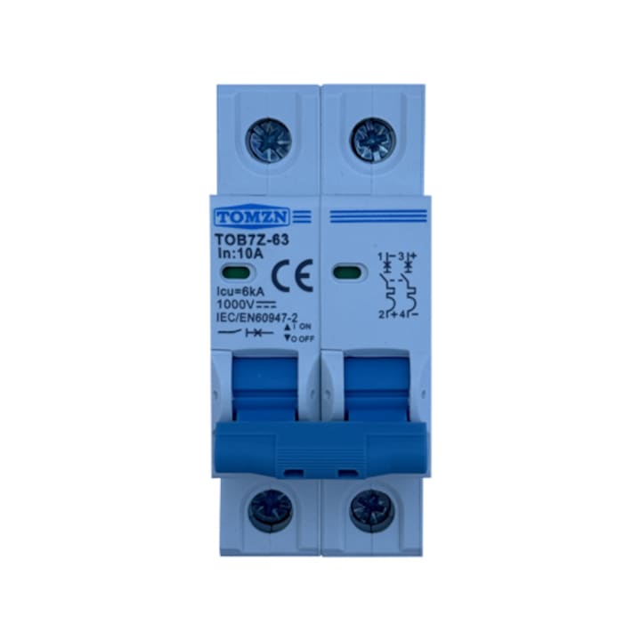 Siguranta automata de curent continuu 2P, 10A DC, 1000VDC, Intrerupator automat pentru panouri fotovoltaice, baterie sisteme fotovoltaice, instalare pe sina DIN, 2M