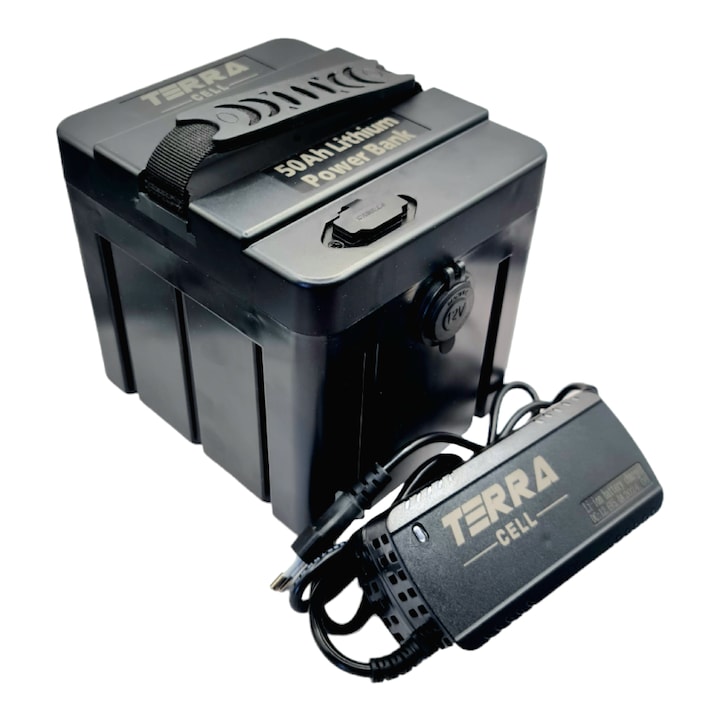 Baterie portabila waterproof Li-Ion, 12V/50Ah Power Bank+Incarcator 5Ah, Negru