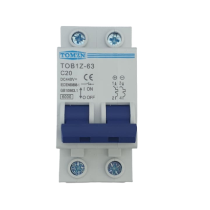 Siguranta automata de curent continuu 2P, 20A DC, 440VDC, Intrerupator automat pentru panouri fotovoltaice, baterie sisteme fotovoltaice, instalare pe sina DIN, 2M