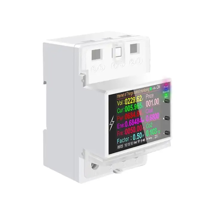 Contor Monofazat de Energie Electrica, OPEN, TUYA, WiFi, 85V/265V AC 50Hz/60Hz, 100A, Afisaj color, Monitorizare si Control, Alb