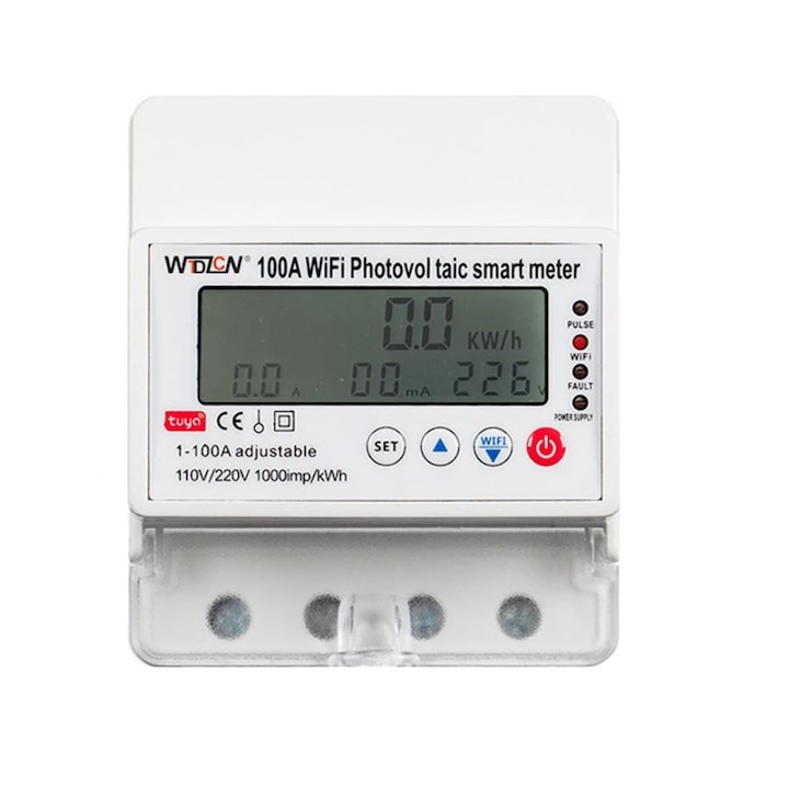 Releu protectie, smart metter, monofazat, bidirectional (prosumator), TUYA, 100 A, 230V, afisaj LCD, kW, U, I, P, Volti, Amperi, Putere