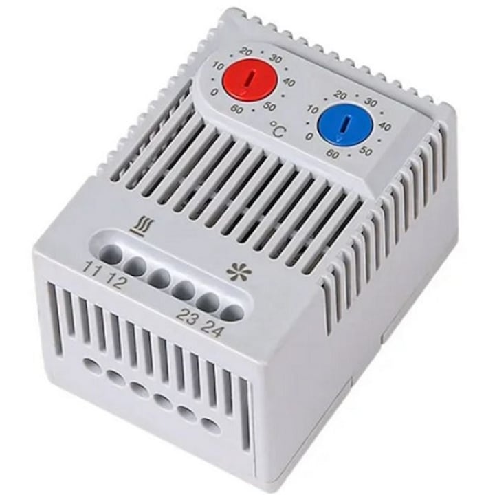 Termostat dublu, reglabil 0-60°, NO, 10A, 230VAC, cu functie de control incalzitor sau ventilator, pentru incalzire sau racire