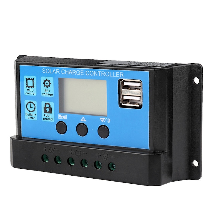 Controler solar, ABS, LCD, USB, 12V, Negru/Albastru