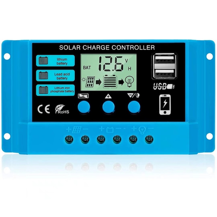 133 x 70 x 35 mm Controler de incarcare panou solar, 30A, 133 x 70 x 35 mm, Albastru