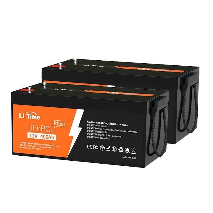 Set 2 baterii LiFePO4 panouri solare, LiTime, 12V 400Ah, Negru