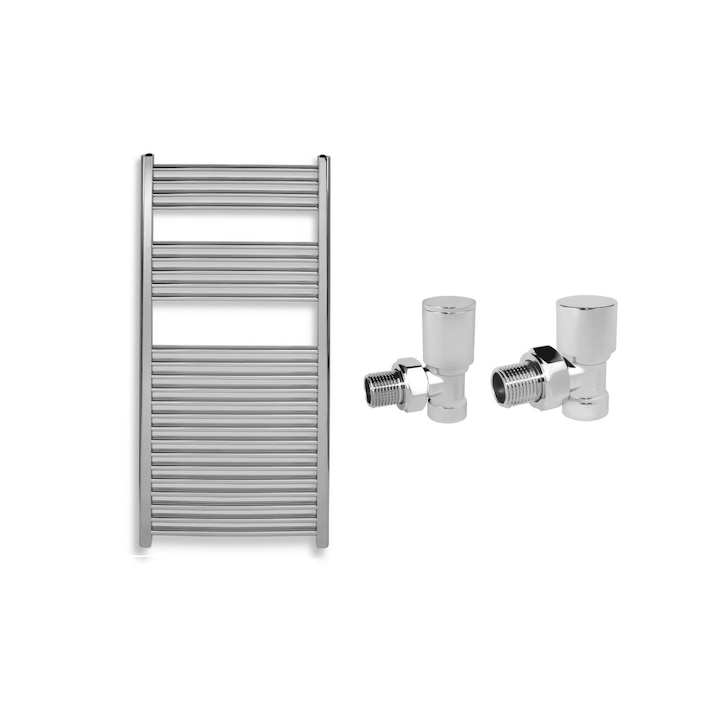 Set radiator Ferro de baie cromat 600 x 1200 mm, simplu, drept, impreuna cu robineti tur-retur calorifer crom Ferro 1/2