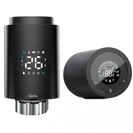 Cap Termostat Inteligent pentru Calorifer Infiniteea™, Wifi, Afisaj Digital, Control prin Aplicatie Mobila si Vocal, Programare Temperatura Saptamanala, Negru