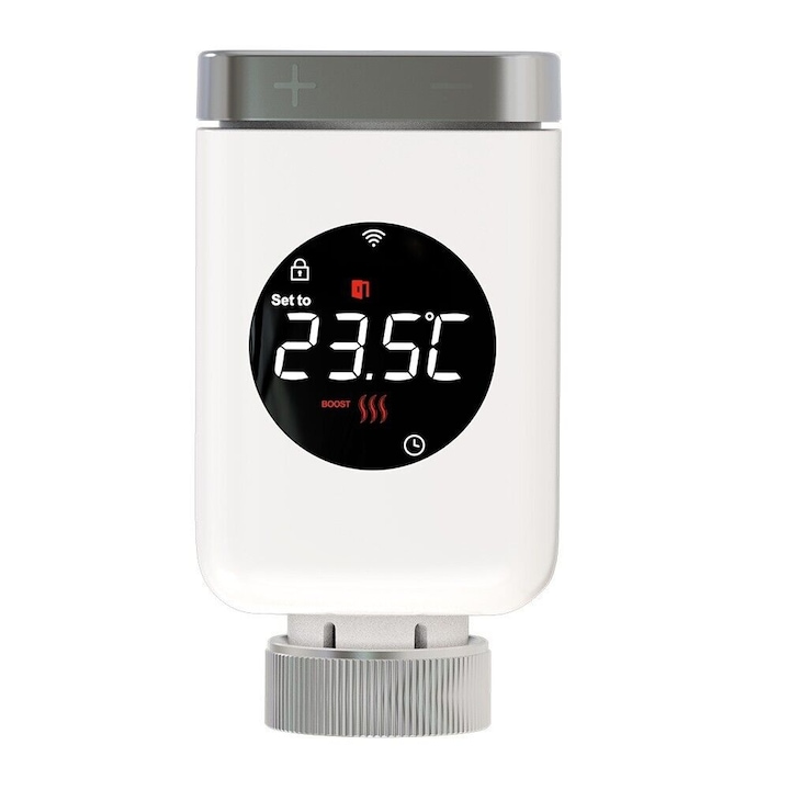 Termostat inteligent pentru calorifer Izzitek®, Wireless, control aplicatie Tuya Smart/Smart Life, Ecran Led, Control vocal, Amazon Alexa/Google Home