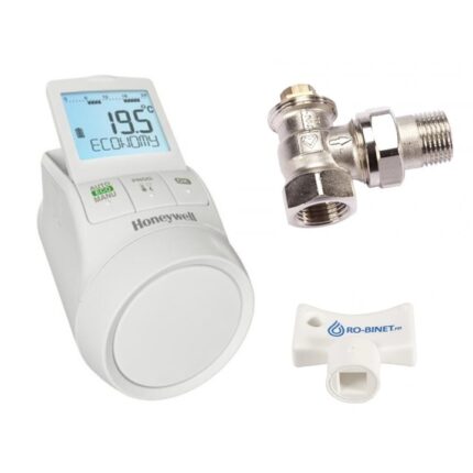 Pachet compus din cap termostat electronic Honeywell, robinet cu ventil termostatic coltar Herz TS-90 si cheie pentru aerisire corpuri de incalzire, HR901772491C