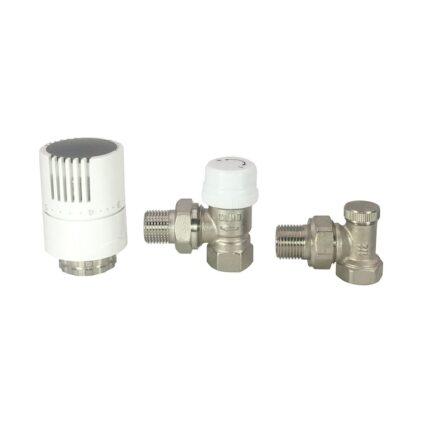 Set robineti tur-retur termostatati, Kruger, din alama, 1 cap termostat, 1 robinet tur 1/2", 1 robinet retur 1/2"