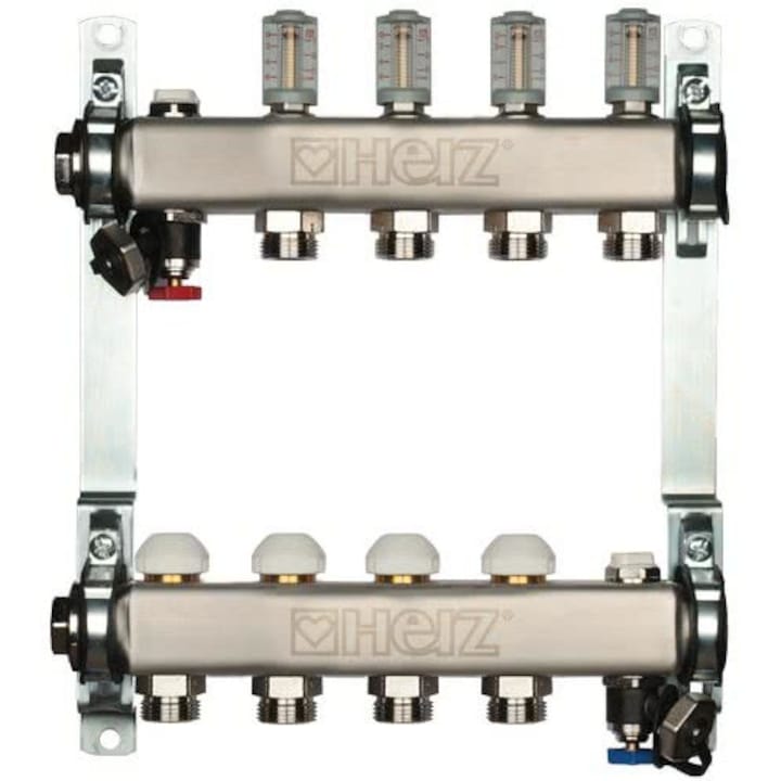 Distribuitor, HERZ, pentru incalzire in pardoseala, inox, debitmetru, 6l/min, 5 prize