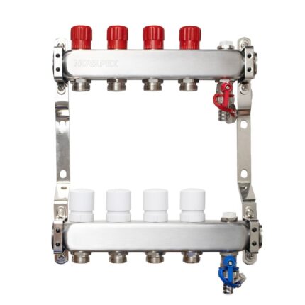 Set de distribuitor – colector din inox pentru radiatoare echipat cu robinet de golire, aerisitor, si dop de blindare NOVAPEX - 2 cai, 1"x3/4"