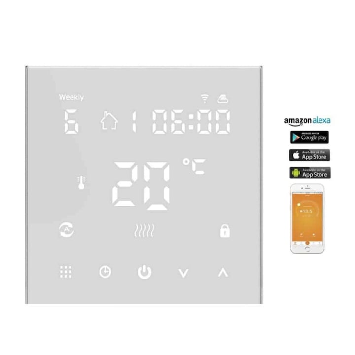Termostat radiator inteligent HYSEN HY607-WiFi, control WiFi, programabil, alb
