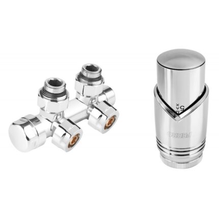Set robinet dublu coltar pentru radiator tip-V cu alimentare din perete Ferro, reversibil si cap termostatat GT31, crom