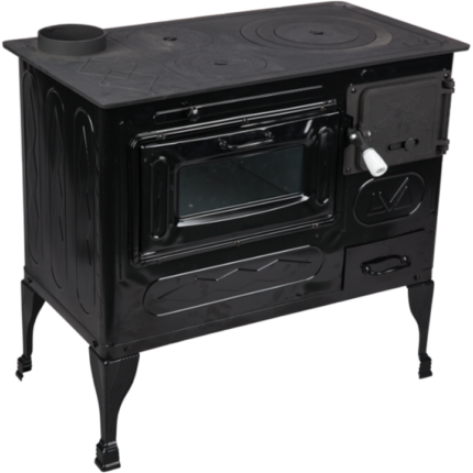 Soba pentru gatit Evotools Andra 679737, tip stanga, cu plita fonta si cuptor, 780x730x420 mm, Negru email