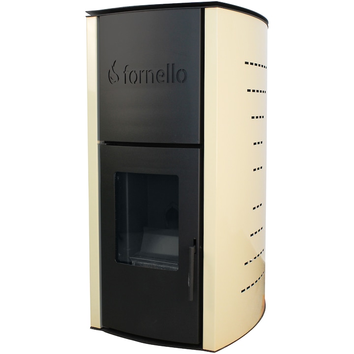 Termosemineu pe peleti Fornello Michelle 12 KW, aprindere automata, telecomanda, buncar tiraj fortat, pompa circulatie, vas expansiune, recomandat pentru 100 mp, Ivory