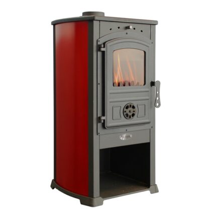 Semineu pe lemne Fornello Modena Red 7-9 kW, 480x460x930 mm, gratar ardere din fonta, camera de ardere samotata, usa fonta cu geam din sticla termorezistenta si plita din fonta
